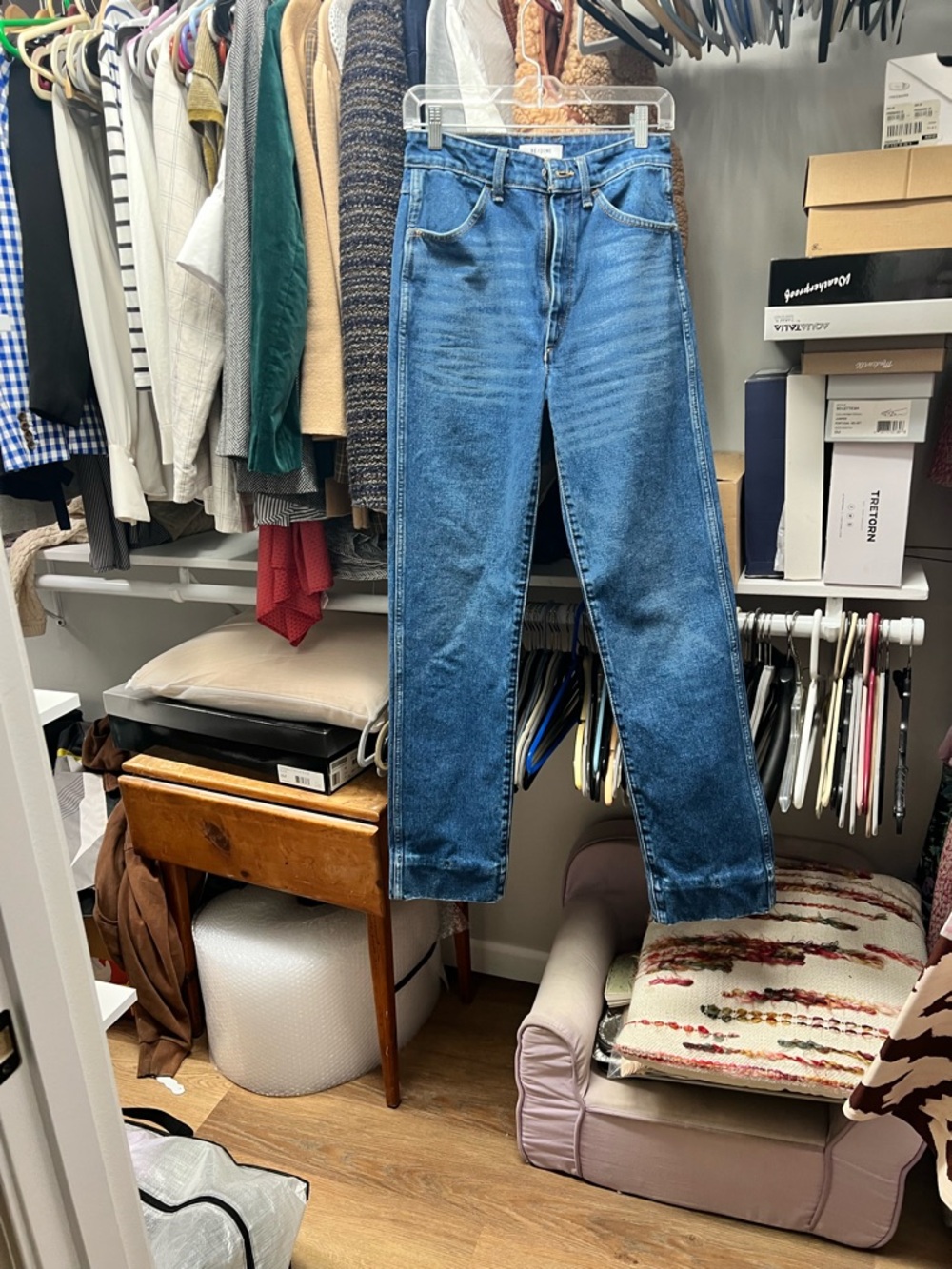 Re/Done Dark Blue Denim Jeans with White Leather Patch